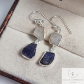 Raw Rainbow Moonstone Dangle Earring, Raw Tanzanite Fashion Earring, 925 Silver Gemstone Earring, Lightweight Jewelry, Anniversary Gift